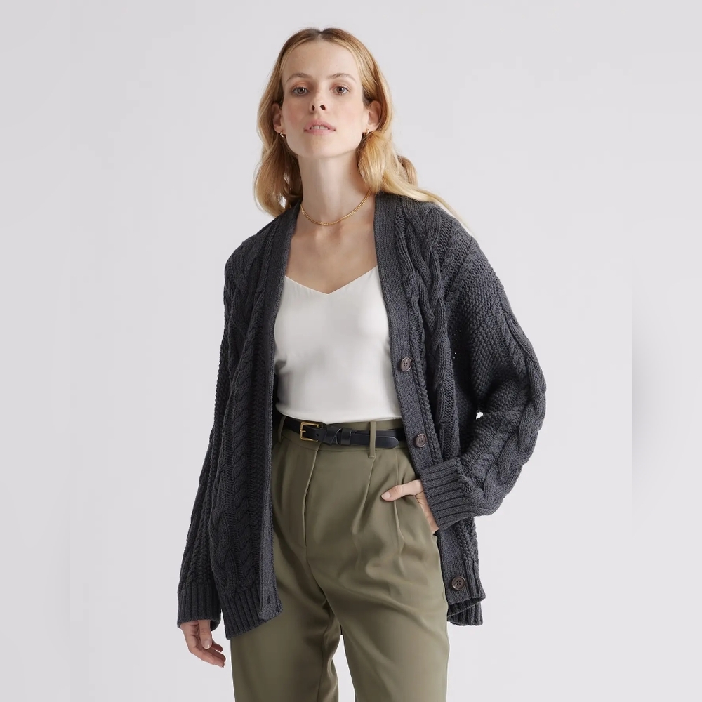 LIke New Quince 100% Organic Cotton Oversized Cable Cardigan Charcoal Sz S